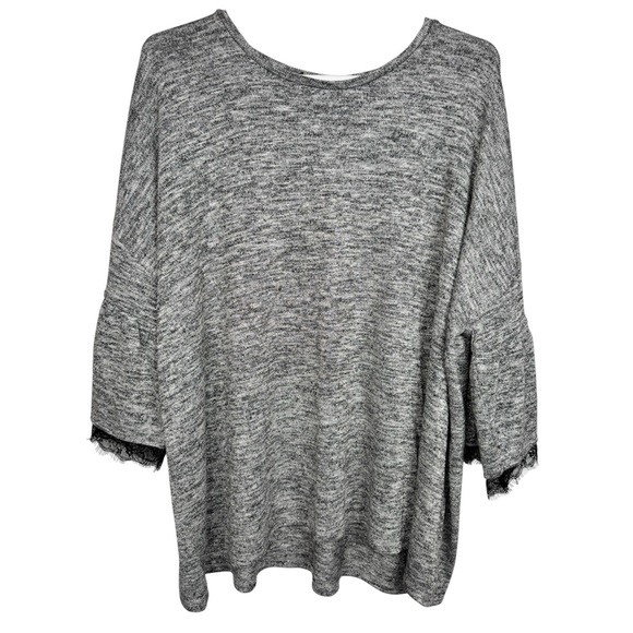 dressbarn Sweaters - dressbarn Gray Marled Bell Sleeve Sweater with Black Lace Trim